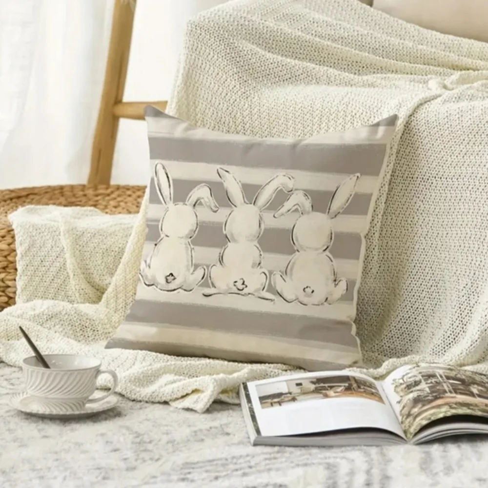 Easter Pillow Covers Bunny Rabbit Home Decor Gray & White 2 Piece 17.5